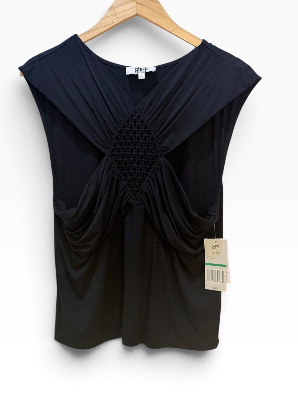Robert Rodriguez Black Draped Knit Top with Crochet Panel
